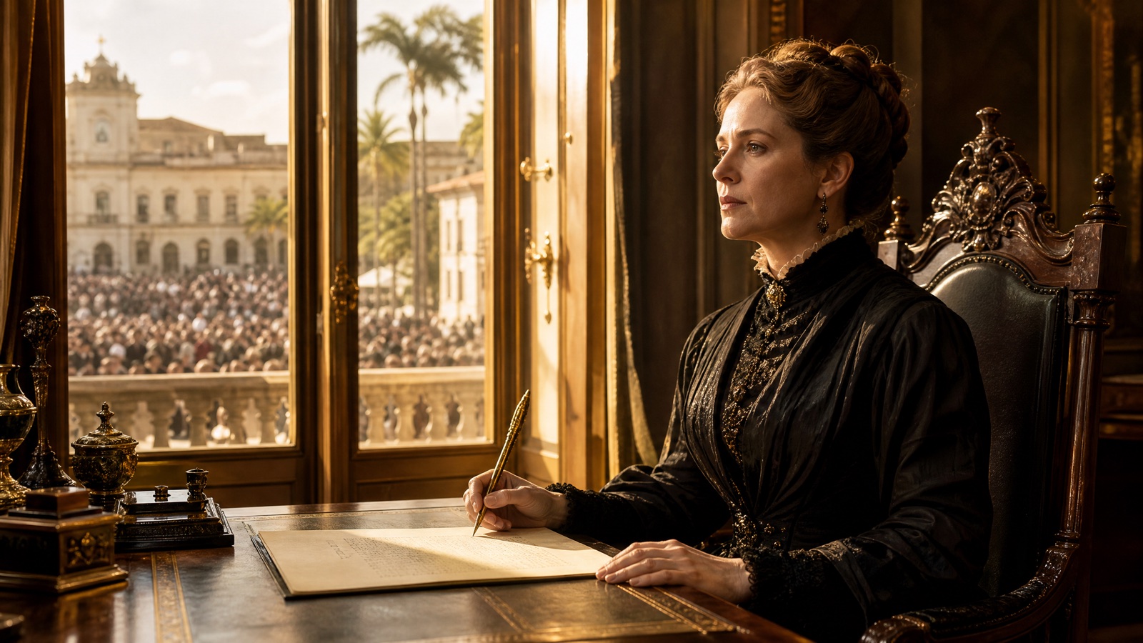 Princesa Isabel diante do documento, a caneta de ouro na mão, a multidão na praça