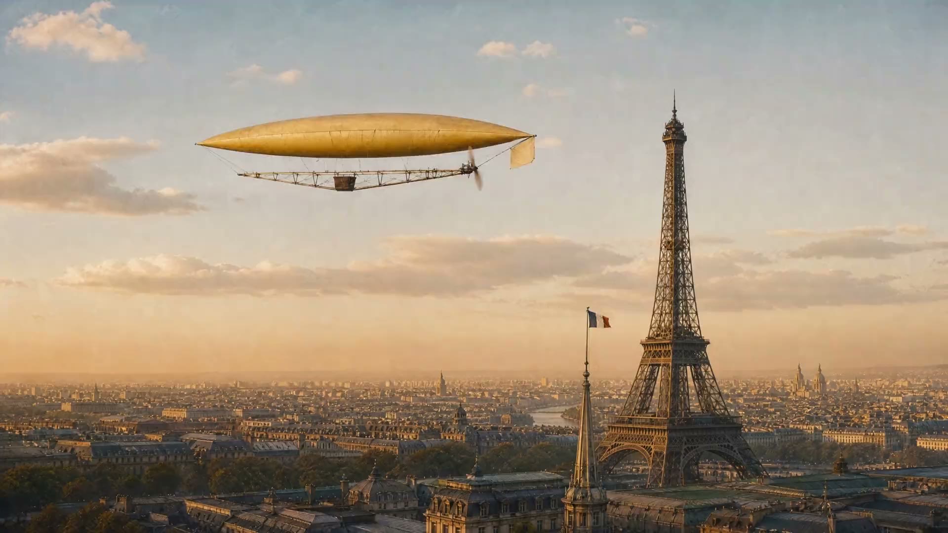 O dirigível de Santos Dumont contorna a Torre Eiffel sobre Paris